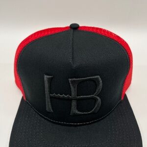 HB Huntington Beach California Black Red Trucker Hat Black Puff Embroidered